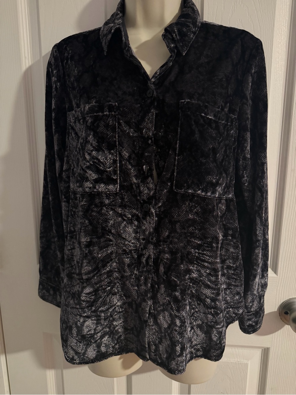 PILCRO Anthropologie Black Velvet Snakeskin Button Down Top - Size XSP